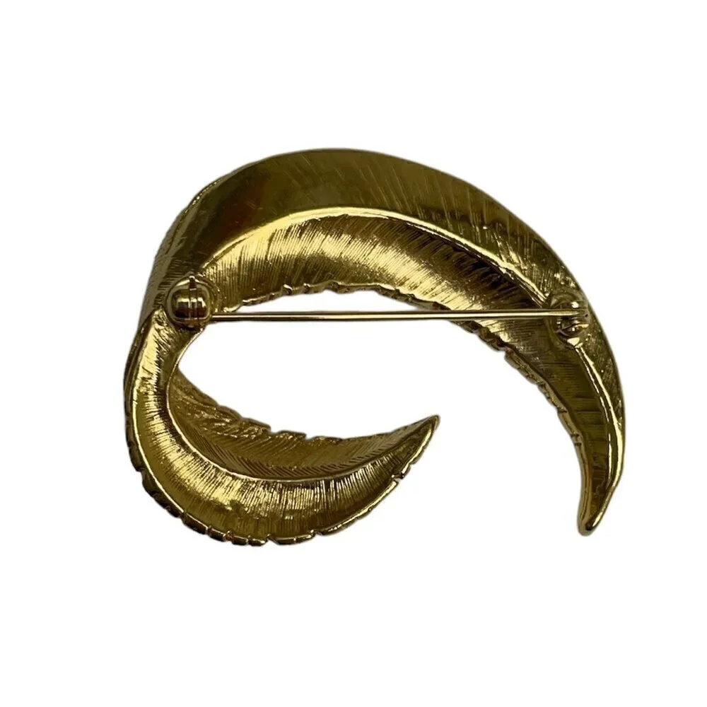 Gold Tone Curved Feather Brooch Large Leaf Pin Gold Fashion Jewelry